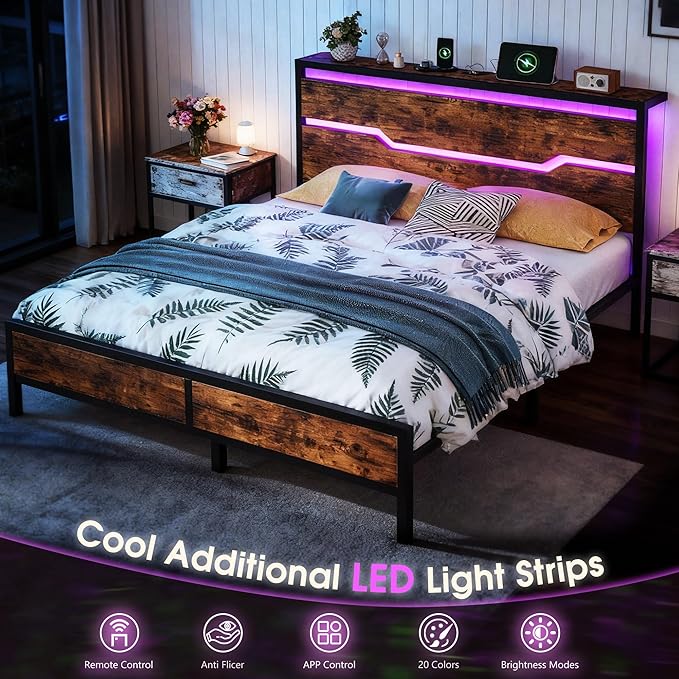 King Size Bed Frame with LED Lights & Charging Station, King Bed Frame and Headboard,13" Under Bed Storage, Noise-Free Heavy Duty Metal Support, Modern Brown
