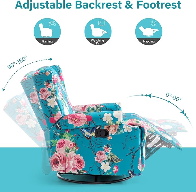UIXE Floral Swivel Glider Recliner Chairs Set of 2, High Backrest Nursery Rocker Fabric Accent Chair for Living Room, Rivet Trim Upholstered Armchair Manual Reclining Sofa Seating - Peacock Blue