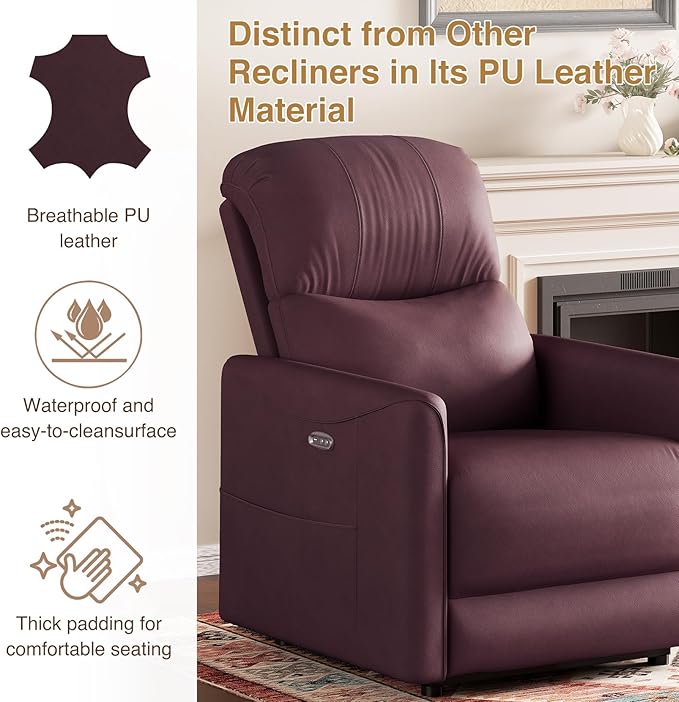 Adjustable Power Recliner Chair, Comfy PU Leather Electric Recliner Chair, Power Recliners with USB Port, Eco-Certified Small Recliners for Small Spaces Sofa Reclinable, Dark Purple
