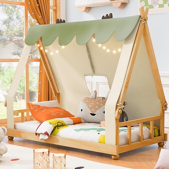 Twin Size Floor Bed with Tent and Light, Wooden Montessori Bed Frame with Roof Design, Low Profile Beds for Kids, Boys and Girls, White