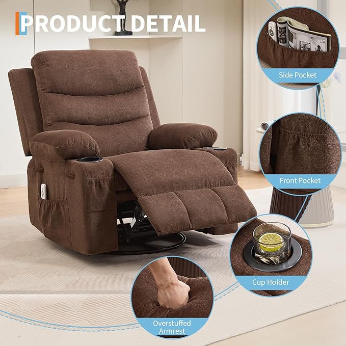 Recliner Chair Nursery, Oversized Manual Reclining Rocking Chair, 360 Swivel Glider with Cup Holder, Massage and Heat Recliner, Indoor Small Single Sofa Chairs for Adults, RV, Bedroom