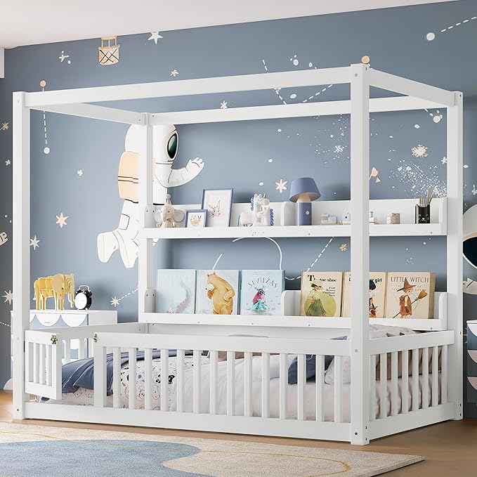 Polibi Twin Size Montessori Floor Bed with Guardrails, Low Profile Solid Wood Canopy Frame with Built-in Shelves, No Box Spring Needed, for Kids, White