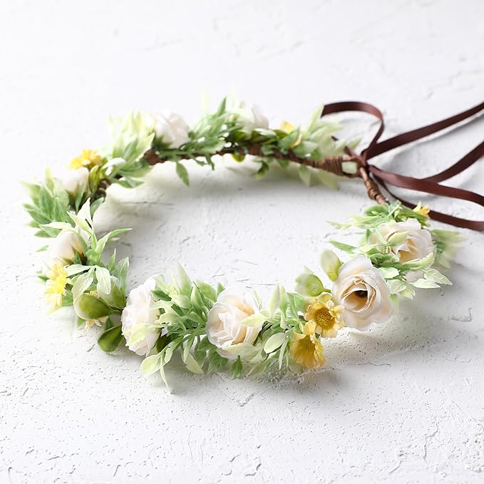 Girls Rose Flower Crown - White Boho Flower Headband Bridal Wreath Popular Floral Headpiece for Women Wedding, Baby Shower, Family Photos and Fancy Gala