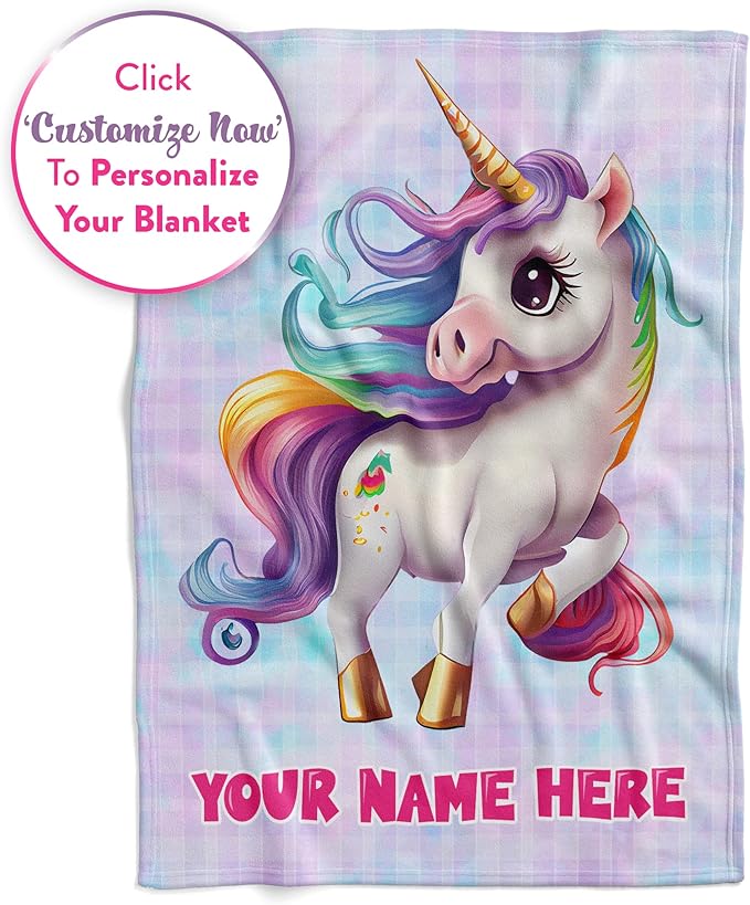 Personalized Baby Unicorn Throw Blanket for Girls with Custom Name, Prancing Pony with Rainbow Mane and Tail, Cute Nursery Room Decor, Soft Plush Toddler Bedding for Babies, (Fleece 30x40)