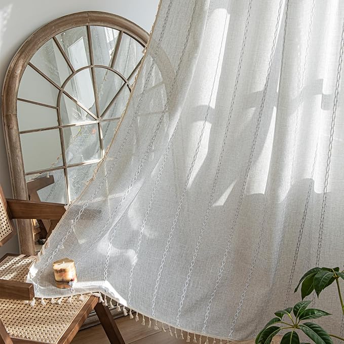 Deeprove Silver Grey Boho Curtains 96 inches Length for Bedroom Living Room, Light Gray Bohemian 96 inches Long Embroideried Cottage Farmhouse Vintage Tassel Window Treatments, W52 x L96, 1 Panel