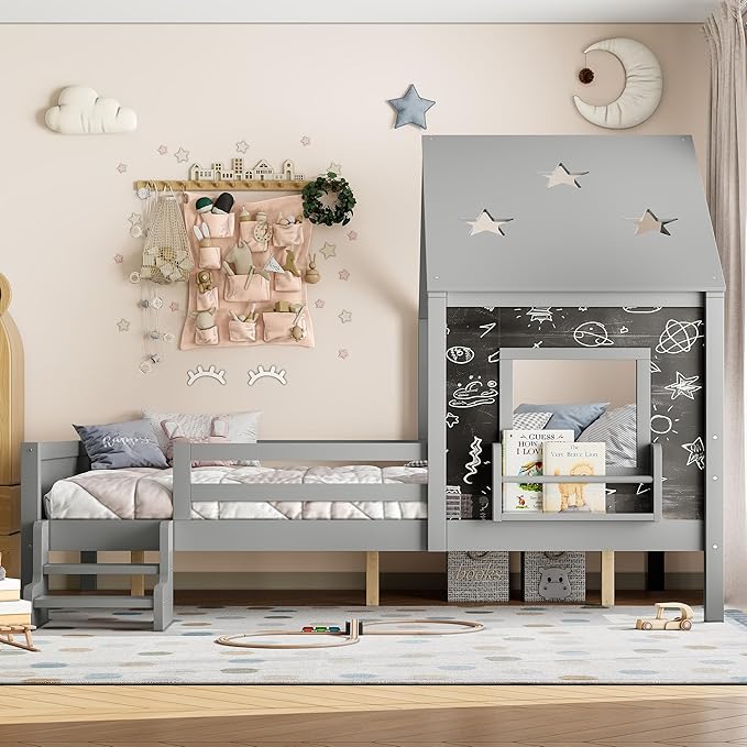 Bellemave Full House Bed with Rails or guardrails and Bookcase, Wooden Full House Shape Platform Bed for Boys, Girls, Teens, Gray