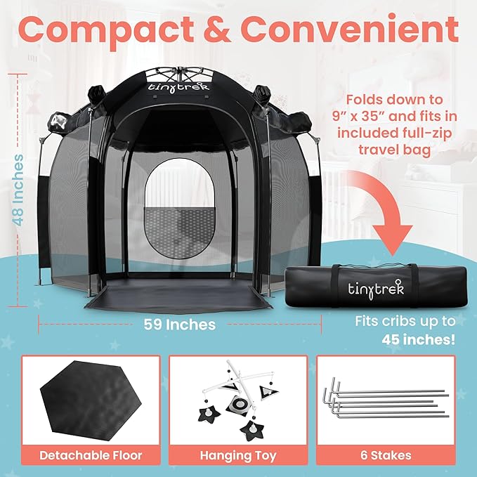 TinyTrek Baby Crib Tent - Breathable Crib Canopy Blackout Tent w/Hanging Toy, Travel Bag for Toddler Blackout Pack N Play Cover - On The Go Dome, Safety Baby Camping Kid Sleep Pod for Indoor Outdoor