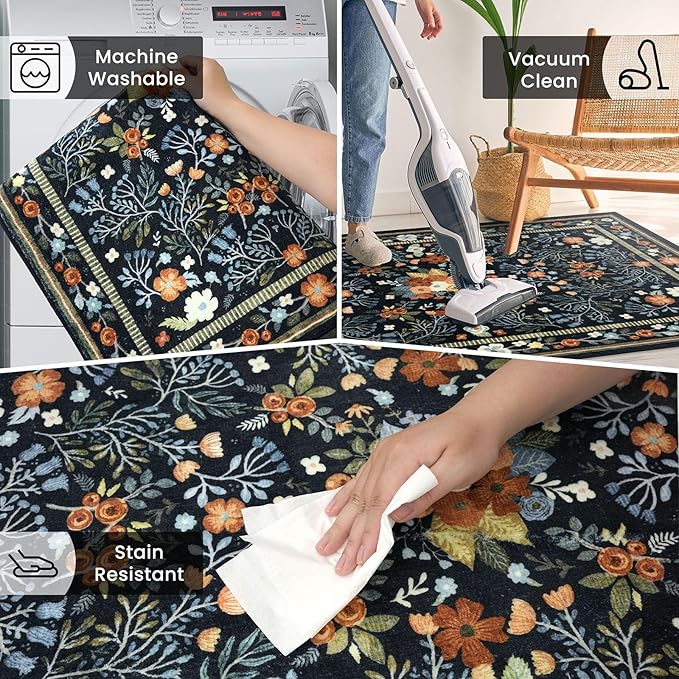 Area Rugs for Living Room 6x9, Washable Non-Slip Thin Floral Vintage Boho Rug for Bedroom Dining Room Office, Non-Slip Rug for Kitchen Indoor Lightweight Carpet, Black/Multi