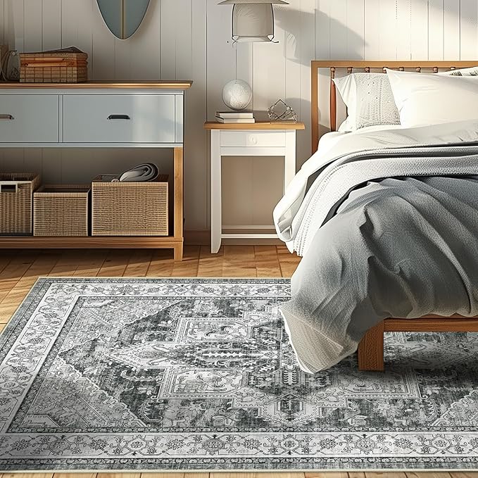 WITSHOCK Living Room Area Rugs 4x6: Washable Rug Boho Soft Non-Slip Low Pile Stain Resistant Foldable Carpet for Bedroom Playroom Dining Room Office Kitchen Farmhouse Home Decor Rug-Gray