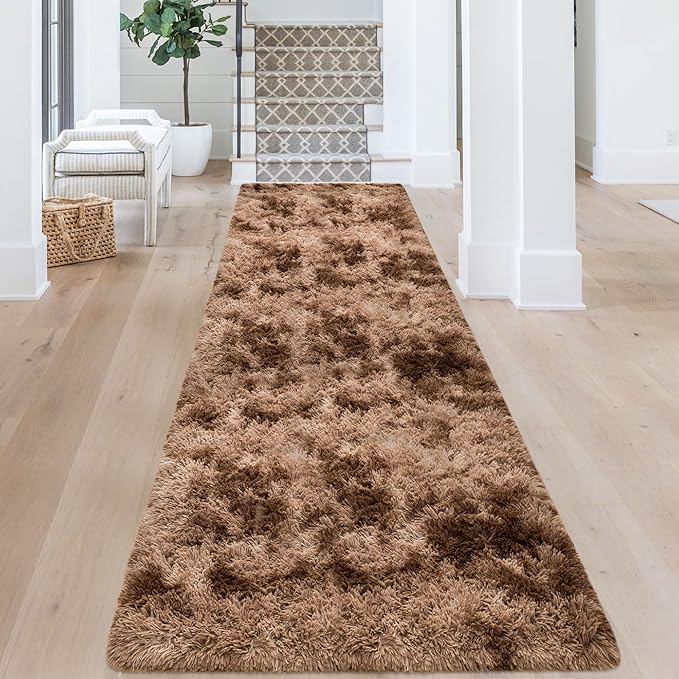 3x10 ft Plush High Pile Brown Tie Dyed Rug Fluffy Soft Runner Bedside Rug for Bedroom Living Room Hallway Nursery Kids Home Decor Shag Carpet