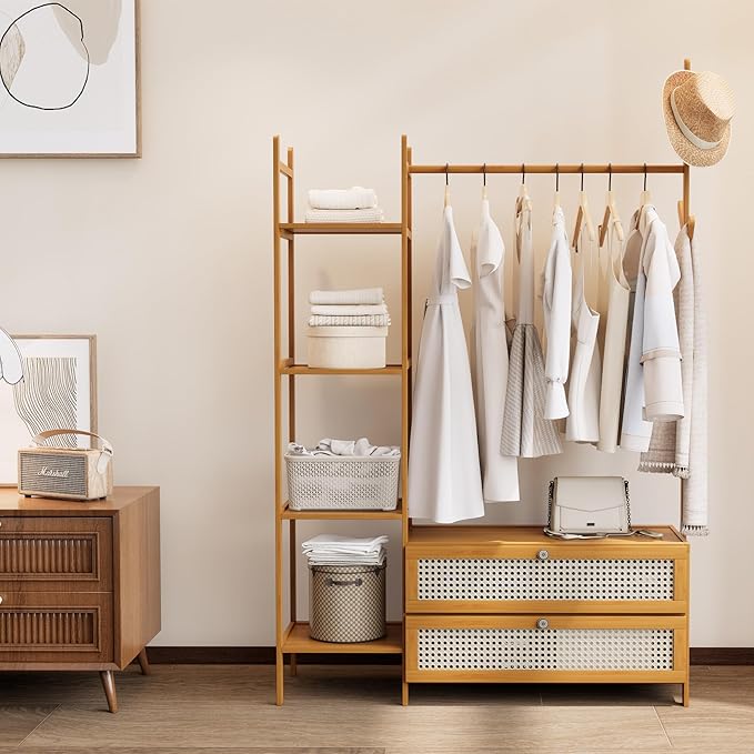 Bamboo Clothes Rack,Garment Rack with Drawers and Shelves,5 Tier Storage Shelves with 6 Hanging Hooks,Wardrobe Closet for Entryway Guestroom Kids Bedroom(39.4inch Width Natural with Rattan Door)