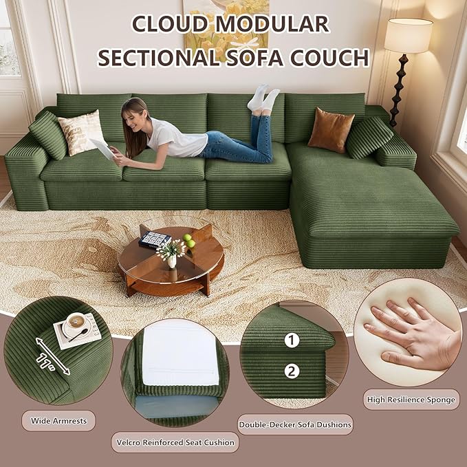 Cloud Sectional Couch,136 Inch Modular Sectional Sofa with Deep Seat, Modern Corduroy Boneless Couches with L-Shape Chaise for Living Room Bedroom, No Assembly Required (Green, Right Facing Chaise)