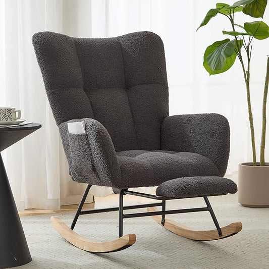 Nursery Rocking Chair Teddy Upholstered Reading Glider Rocker with Footrest Accent Chair with High Backrest Armchair Comfy Side Pocket Chair for Living Room, Bedroom, Offices (Large Grey)