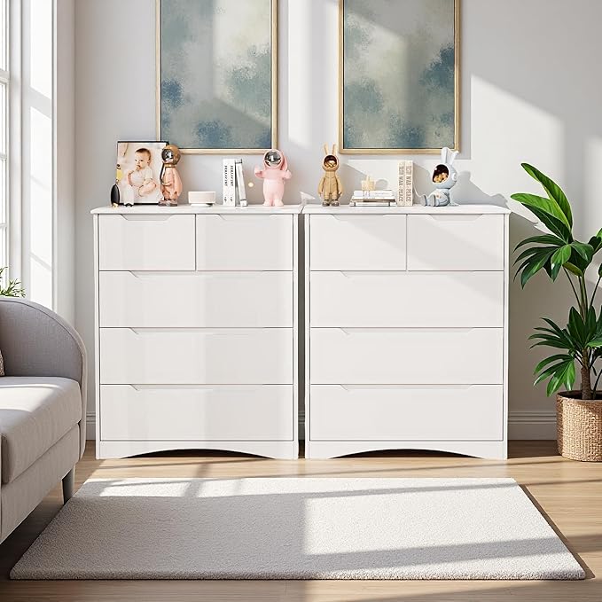 Gizoon 5 Drawers Chest, White Dresser for Bedroom with Large Storage Capacity, Chest of Drawers with Embedded Handle, Deep-Drawer Dresser for Closet with Anti-Tip Kit，for Hallway, Office, Living Room