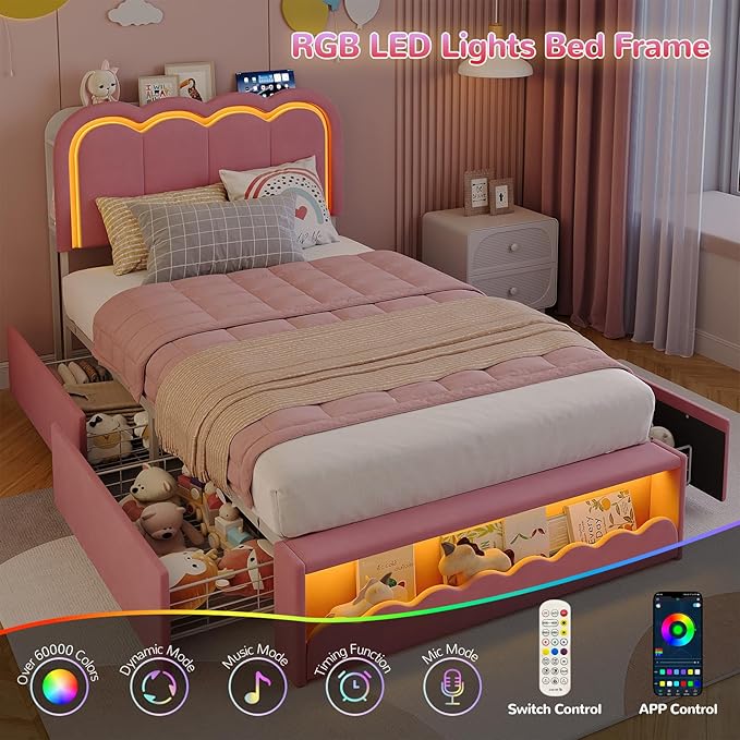 Maupvit Twin LED Bed Frame with Storage Headboard and 4 Drawers, Upholstered Platform Bed Frame with Bookcase, Velvet Princess Bed for Kids Girls, Charging Station, No Box Spring Needed, Pink