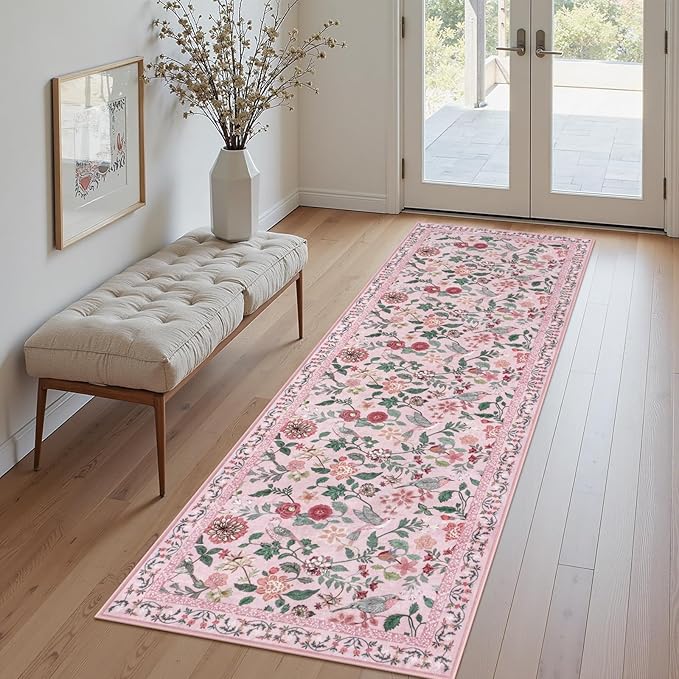 Pink Floral Runner Rug, 2x6 Washable Rug Runners for Hallways Non-Slip, Soft Low Pile Flower Birds Long Bathroom Mat Colorful Botanical Throw Carpet for Kitchen Laundry Entryway Porch