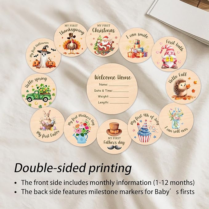 Baby Monthly Milestone Cards Rabbit - 13 Double Sided My First Holiday Milestone, Bunny Babies Shower Signs, Hello World Newborn Sign 1-12 Months for Photo Props, Welcome Baby Announcement Sign