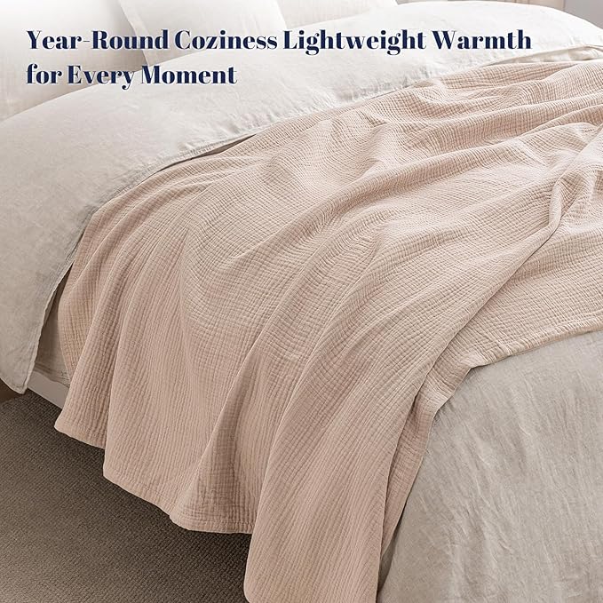 PHF 100% Cotton Muslin Blanket Queen Size 90"x90", 4-Layer Lightweight Gauze Throw, Breathable Cloud-Soft Minimalist Blanket for Bed, Couch, Camping & Baby, Dusty Pink, Ideal Gift