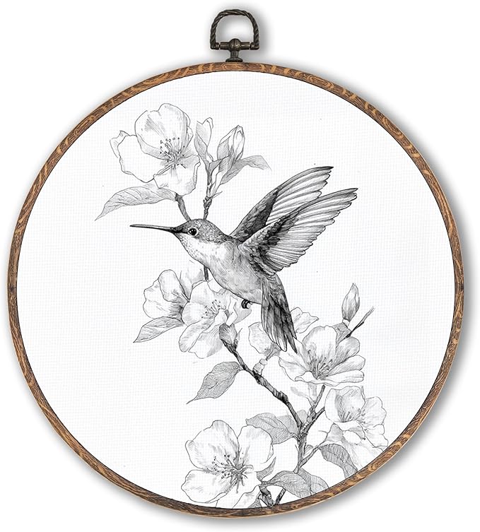 Retro Hummingbird Round Wall Art Framed, Vintage Floral Bird Round Wall Decor, Sketch Bird Hanging Canvas Prints Wall Sculptures for Farmhouse Home Bedroom Decor, 10x10 Inch