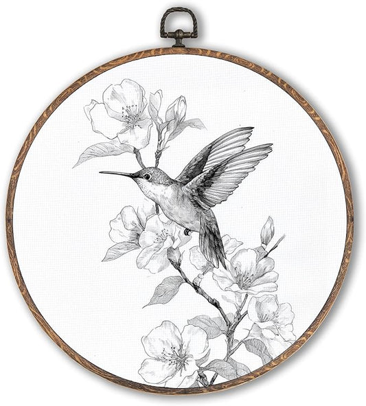 Retro Hummingbird Round Wall Art Framed, Vintage Floral Bird Round Wall Decor, Sketch Bird Hanging Canvas Prints Wall Sculptures for Farmhouse Home Bedroom Decor, 10x10 Inch