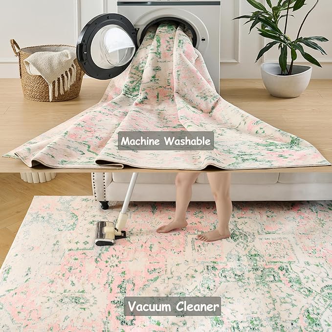 Washable Runner Rug 2x8 for Kitchen Bathroom Hallway Bedroom Entryway Laundry, Soft Non Slip Long Mat Indoor, Boho Floor Runners Low Pile Light Pink and Green