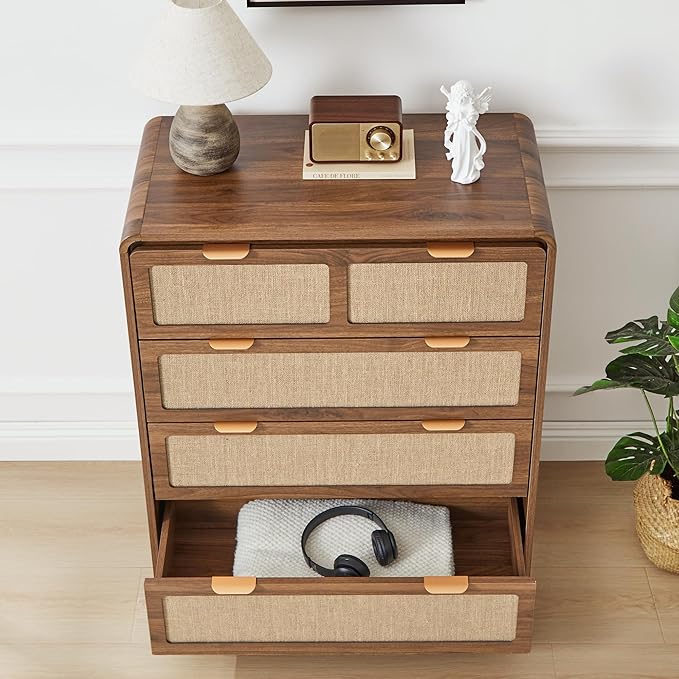 Mid Century Modern Dresser for Bedroom with 4 Drawers, 35" Tall Chest of Drawers with Natural Linen, Curved Wood Dresser Closet Clothes Storage Organizer for Living Room, Hallway((Walnut)