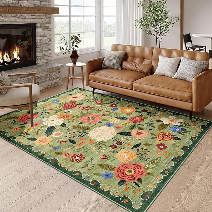 5x7 Washable Area Rug for Living Room, Floral Non-Slip Non-Shedding & Easy Care, Soft Low Pile Boho Indoor Floor Carpet for Living Room, Bedroom, Farmhouse, Dining Room, Kids Playroom, Green
