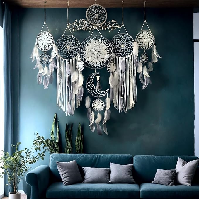 Dream Catcher Wall Decor,Large Boho Dream Catcher with Luxurious Feathers & Beads, Handmade Wall Hanging for Bedroom, Nursery, Living Room, Gift Ready for Girls & Adults (Gray)