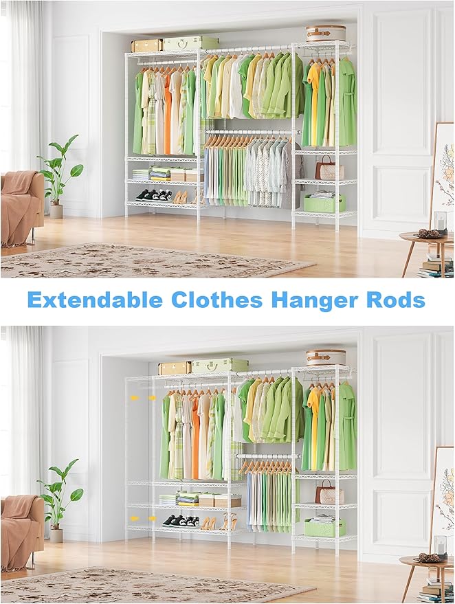 Ulif E11 Heavy-Duty Garment Rack, Metal Freestanding Clothes Rack and Closet Storage Organizer with 8 Shelves and 4 Hanger Rods, (73.2 - 97.6)"W x 14.5"D x 71.2"H, Load 1034 LBS, White