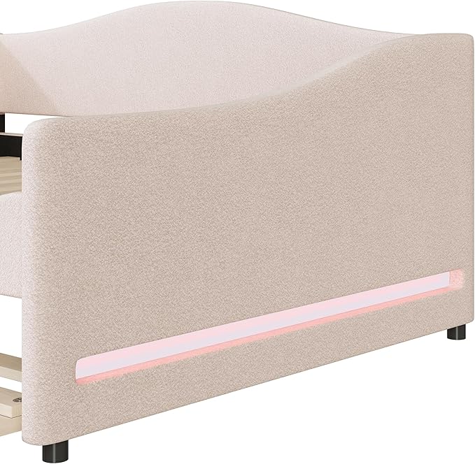 Merax Full Size Upholstered Daybed with Light and Trundle, Beige Teddy Fleece Sofa Bed Modern Wooden Platform Bed Frame for Bedroom, Living Room, Guest Room, Apartment