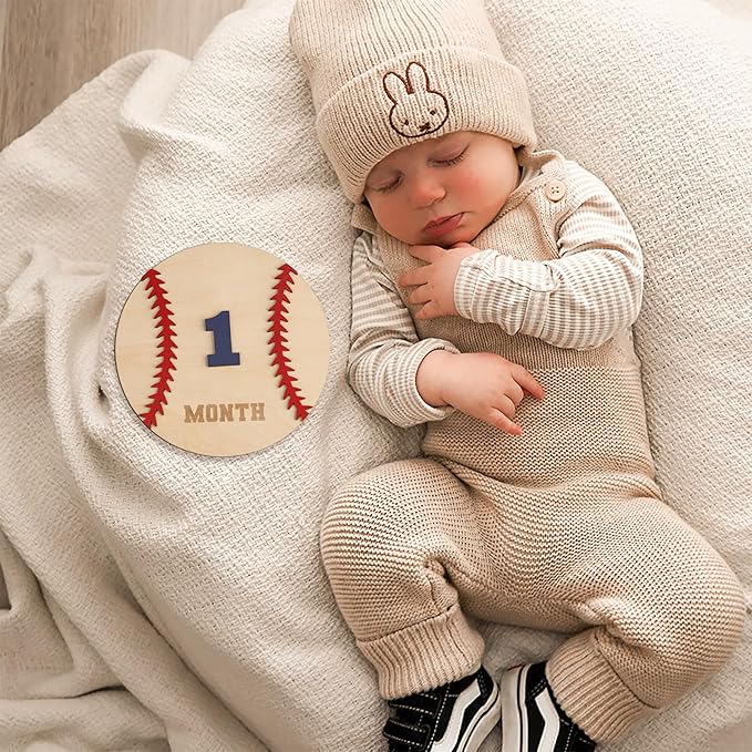 Wooden 3D Baby Monthly Milestone Cards Monthly Milestone Discs Newborn Photography Props Baby Announcement Sign Baby (Baseball)