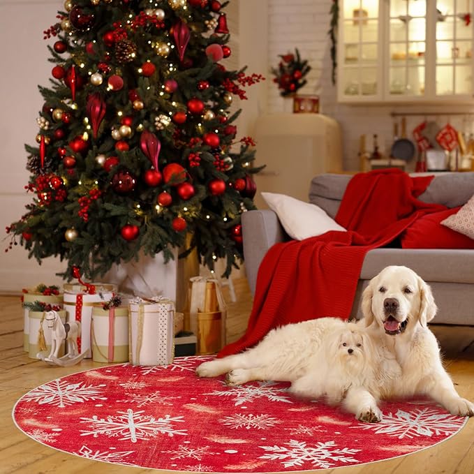6' Machine Washable Christmas Round Area Rug, Non-Slip Vintage Floral Circle Floor Rugs for Kids, Low Pile Room Carpet for Living Room, Bedroom, Dining Room & Nursery(6' Snowflake)