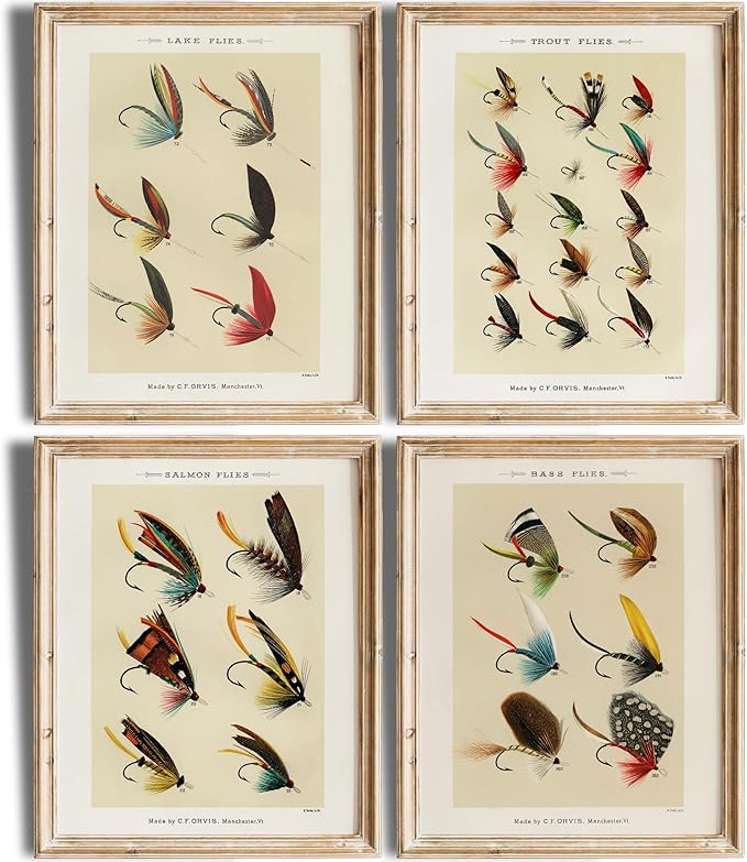 DREAM BIG PRINTABLES Vintage Fly Fishing Art Prints (Set of 4) - Unframed - 11x14 | Great Gift for Fisherman - Reproductions of Vintage Fishing Lure Drawings - Rustic Decor