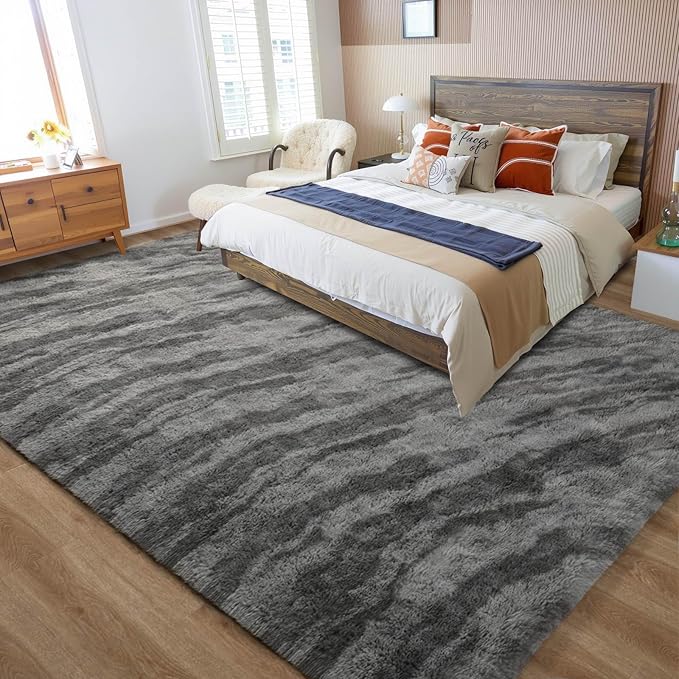 Merelax Area Rugs for Living Room Bedroom, Non-Slip Large 6x9 Feet Soft Fluffy Shaggy Bedside Rug, Indoor Floor Carpet for Kids Dorms, Nursery Rooms, Playroom, Home Decor Aesthetic, Black/Grey