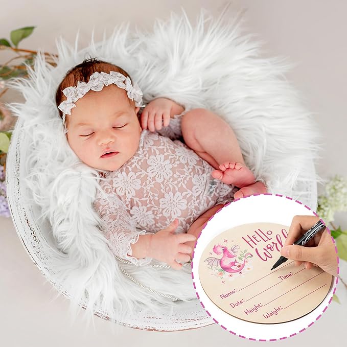 R HORSE Baby Birth Announcement Sign with Marker Pen, Pink Dragon Baby Name Sign with Ink Pad for Hand and Footprints, Wooden Hello World Newborn Announcement Nursery Decor Keepsake Gifts