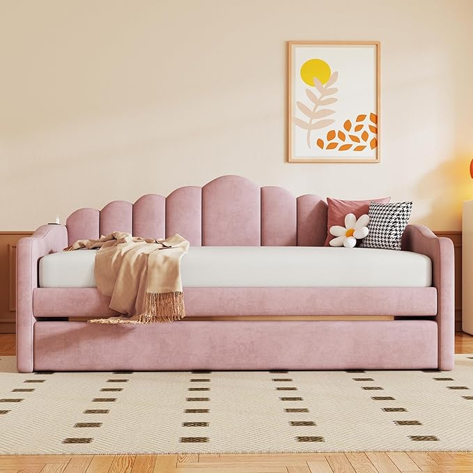 Bellemave Twin Size daybed with Trundle for Adults, Kids, Girls, Teens, daybeds with Trundle for Living Room, Velvet,Pink(Mattress not Included)