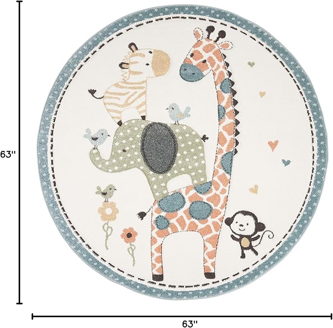 SAFAVIEH Carousel Kids Collection Area Rug - 5'3" Round, Ivory, Animal Design, Non-Shedding & Easy Care, Ideal for High Traffic Areas for Boys & Girls in Playroom, Nursery, Bedroom (CRK120A)