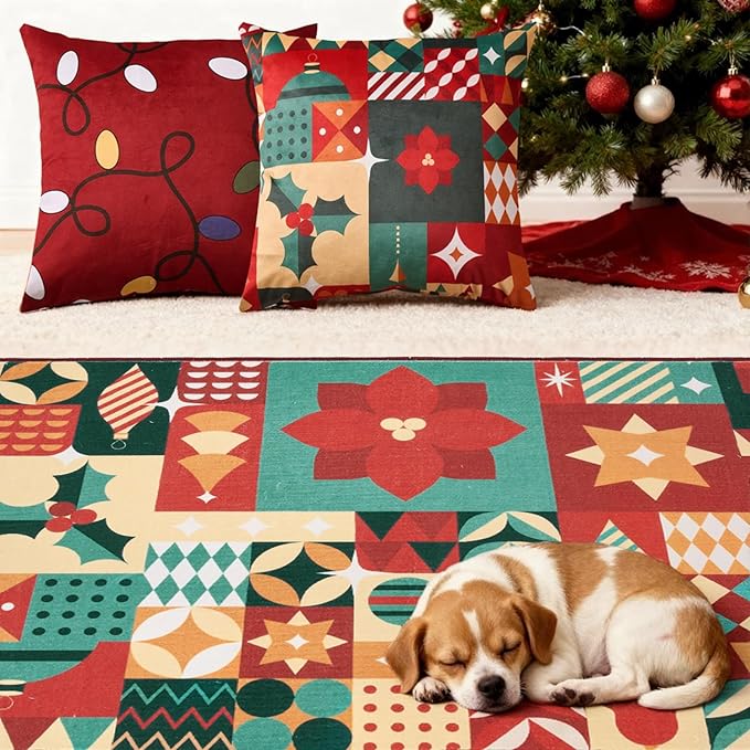 jinchan Christmas Rug 4x6 for Entryway Washable Christmas Living Room Rug Xmas Geometric Floor Mat Non-Slip Soft Throw Carpet Festive Red-Green Holiday Patch Decor for Bedroom Kitchen Bathroom