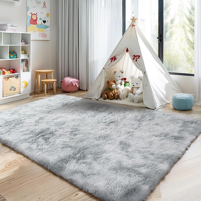 3x5 Fluffy Shag Light Grey Rug for Bedroom, Soft Fuzzy Plush Washable Non Slip Carpet, Comfy Shaggy Furry Small Area Rug for Living Room, Kids Baby Boys Girls Nursery Dorm, Tie-Dye Gray