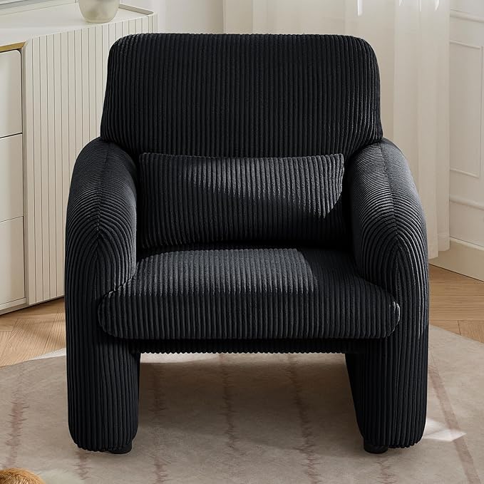 Corduroy Fabric Accent Chair, Modern Upholstered Living Room Chairs with Lumbar Pillow, Wide Comfy Leisure Armchair for Bedroom, Office, Reading, Black