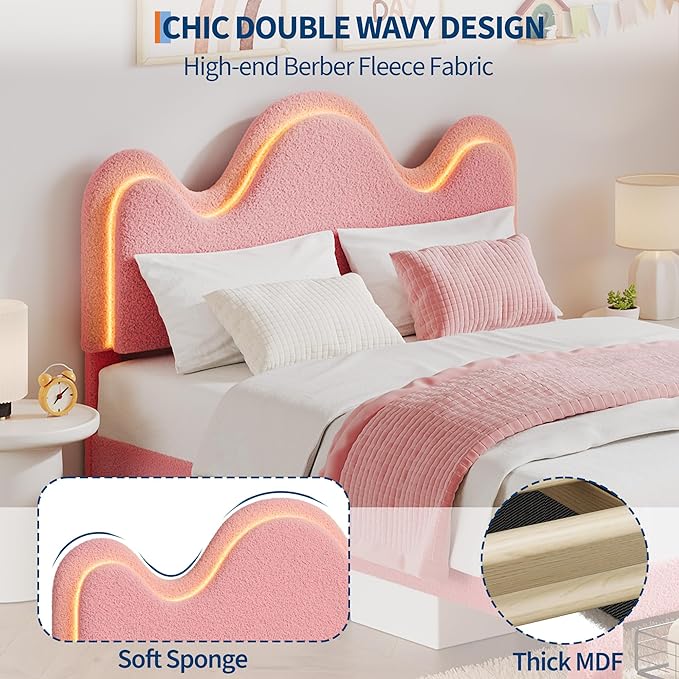 IDEALHOUSE Full Bed Frame with LED Headboard and Under-Bed Drawer, Metal Upholstered Platform Bed with LED Light for Kids, Girls, Lamb Fleece Fabric, Wooden Slats Support, No Box Spring Needed, Pink