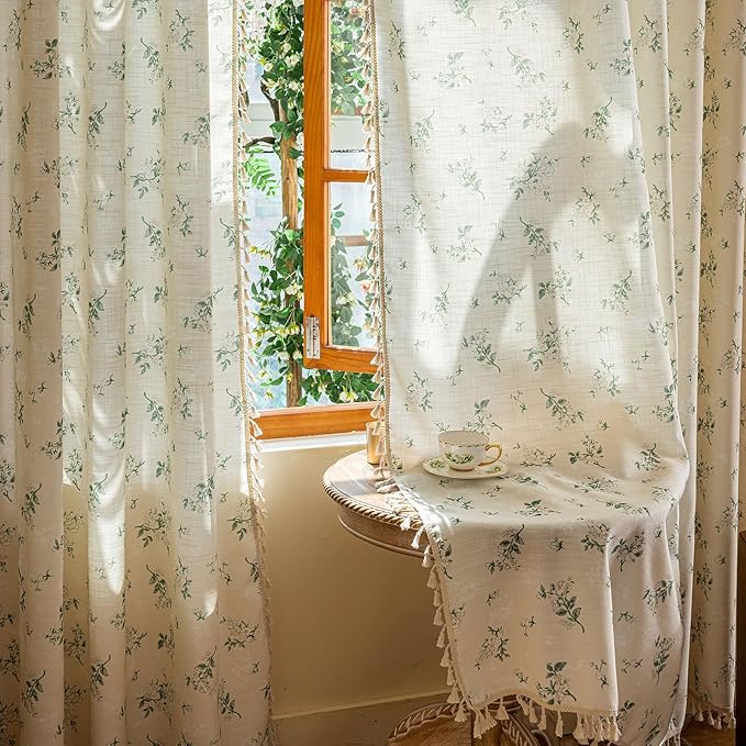 OYX Sage Green Spring Floral Curtains 96 Inch Length 2panels for Living Room, French Country Vintage Light Filtering Patterned Aesthetic Drapes for Bedroom, Rod Pocket Decor Window Treatment Curtains