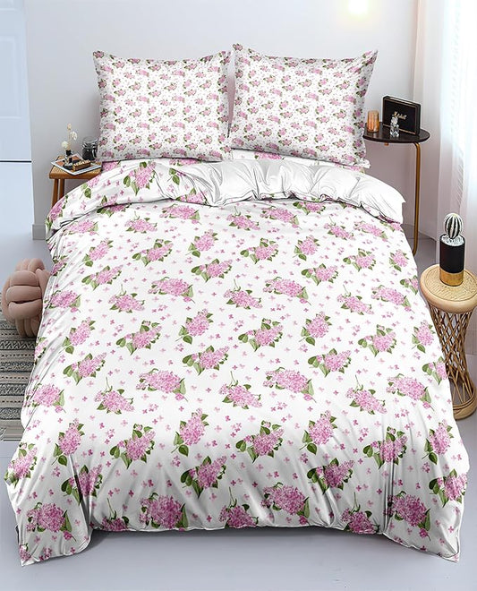 Floral Duvet Cover Twin Girl Pink Bedding Sets Garden Style Floral Comforter Cover Pink White Flower Bedding Sets Flower Branches Pattern Duvet Cover with Zipper Closure
