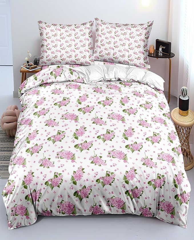 Floral Duvet Cover Queen Girl Pink Bedding Sets Garden Style Floral Comforter Cover Pink White Flower Bedding Sets Flower Branches Pattern Duvet Cover with Zipper Closure
