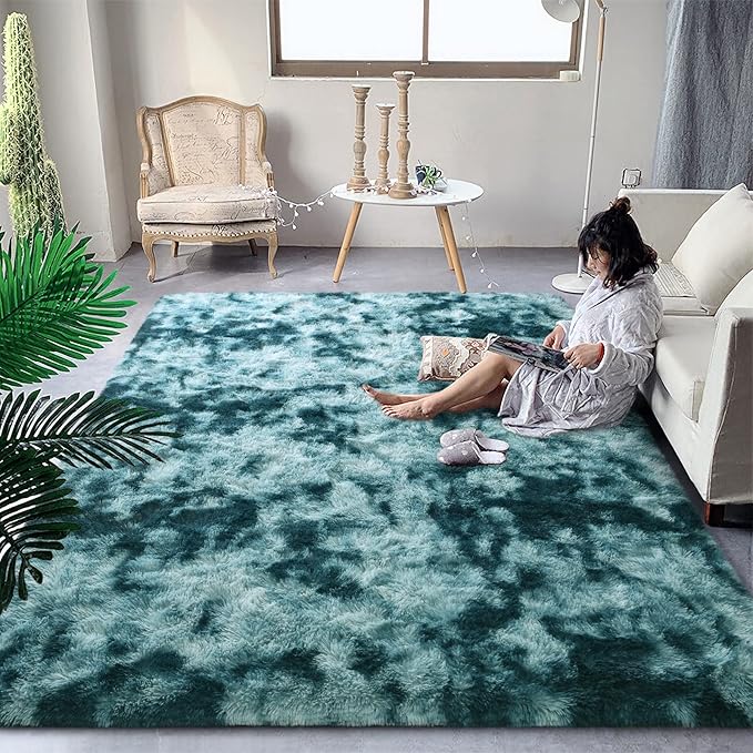 DweIke Fluffy Peacock Blue Rugs for Bedroom Living Room, 6x9 Large Soft Plush Shaggy Tie-Dyed Teal Blue Girls Boys Kids Rug, Upgraded Non-Slip and Machine Washable Carpet for Dorm Nursery Decor