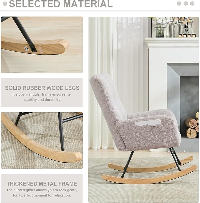 Nursery Rocking Chair Teddy Upholstered Glider Rocker Rocking Accent Chair with High Backrest Armchair Comfy Side Chair for Living Room, Bedroom, Offices (Light Gray)