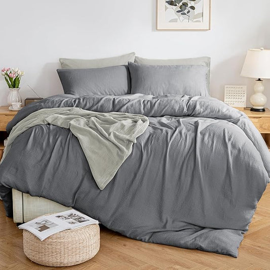 MILDLY Muslin Duvet Cover Full - 100% Washed Cotton Linen Like Gauze Comforter Cover 3 Pieces Breathable & Lightweight for All Season