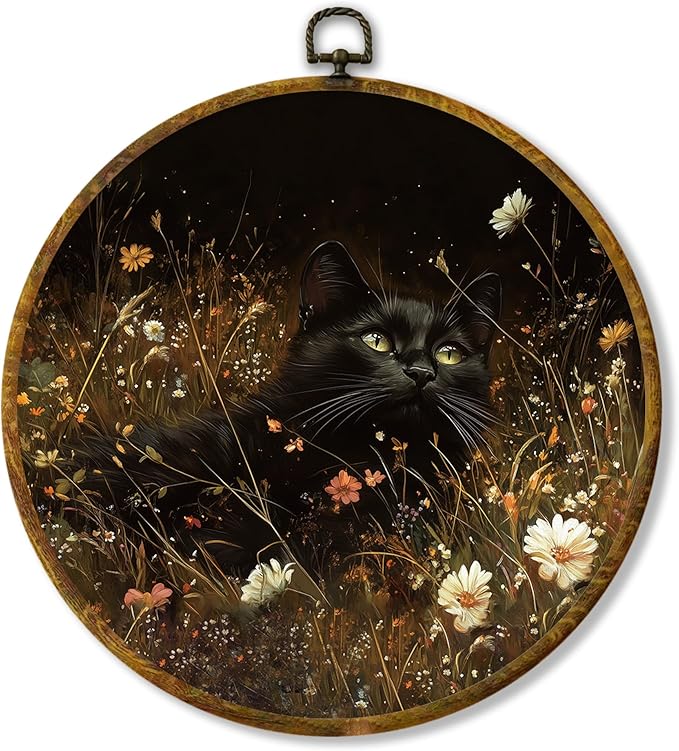 Hiuwevt Black Cat Round Wall Art Decor, Vintage Cottagecore Floral Wildflower Hanging Canvas Prints Artwork Framed, Rustic Dark Academia Maximalist Circular Wall Decor for Home Room, 10x10 Inch