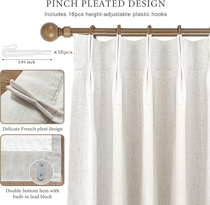 Natural Linen Blend Pinch Pleated 100% Blackout Curtains for Bedroom - 2 Pages Black Out Curtains 120 Inch Long 2 Panel for Living Room Darkening Thermal Window Curtain Drapes with 16pc Hooks, Thick