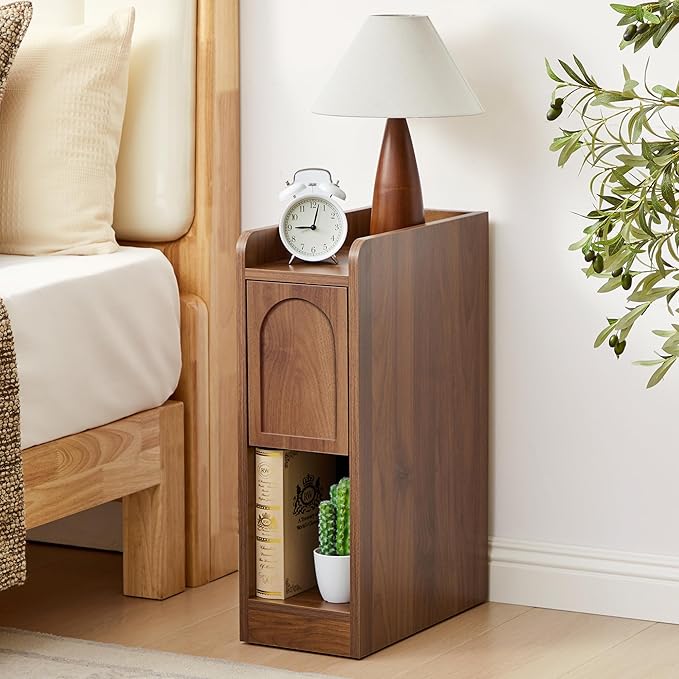 Narrow Nightstands Set of 2, Slim Bedside Tables with Raised Edge Top, Arched Drawer & Open Shelf, Modern Wooden Small End Tables for Bedroom Small Spaces (2, Walnut)